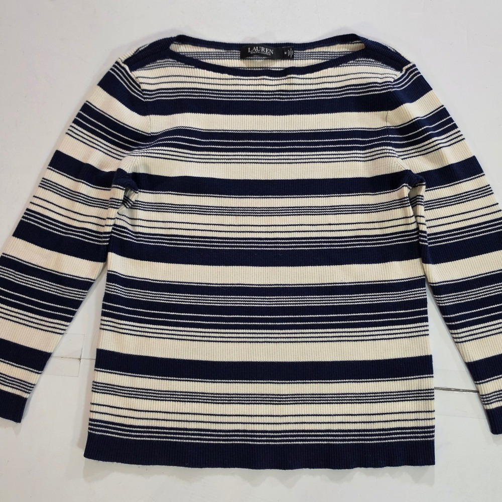 Lauren Ralph Lauren Navy Cream Striped Ribbed Boat Neck Sweater Medium